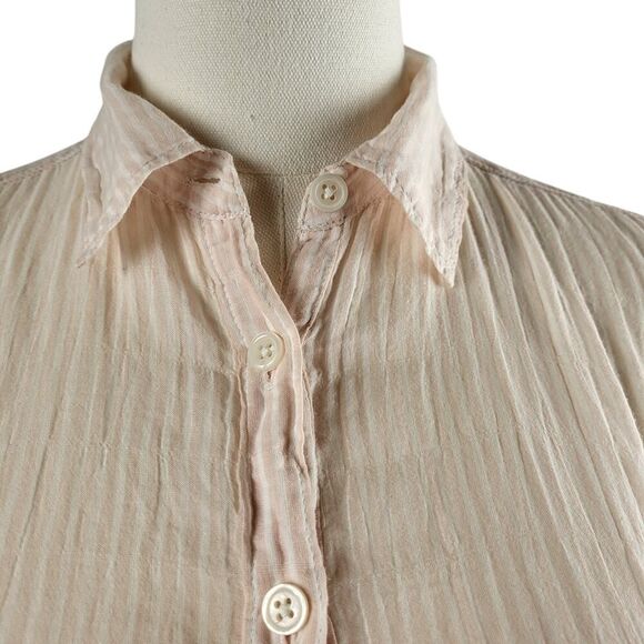 LOFT The Softened Shirt X-Small Crinkled Cotton Semi Sheer Pink White Stripes - Picture 6 of 13